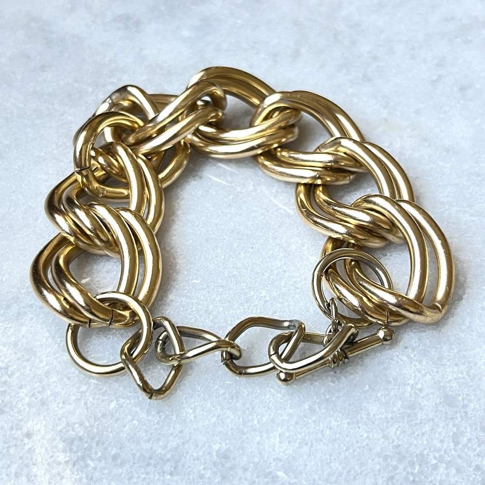 Chunky Double Link Gold Tone Chain Bracelet With Toggle Clasp 7.5"